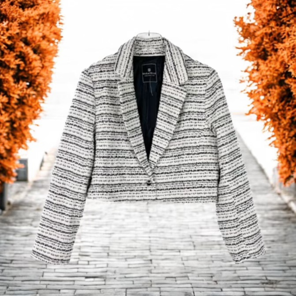 Bagatelle Blazer Women Large Cream/Black Stripes Cropped Tweed Wool-Blend